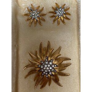 Atomic Sputnik Starburst Rhinestone Brooch Clip Earrings Set Two Tone Metal VTG